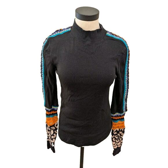 Free People Boho Sweater Blue Mock Neck Size S Crochet Detail Sleeves. - Picture 1 of 5